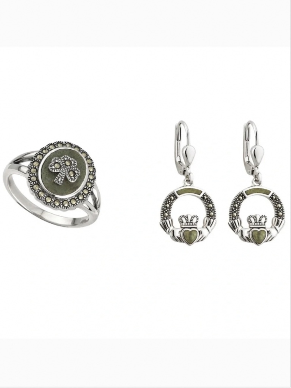 Solvar Connemara Marble/ Silver shamrock ring & claddagh earrings with marcasite